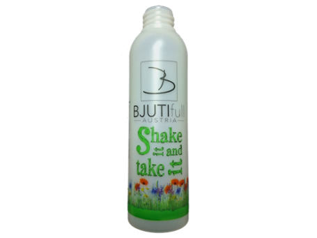 Kunststoffflasche, sechsfarbiger Siebdruck mehrfarbige umlaufende Bedruckung einer Kunststoffflasche mit einem Vierfarbsatz (Raster) und zwei Vollton Sondertönen